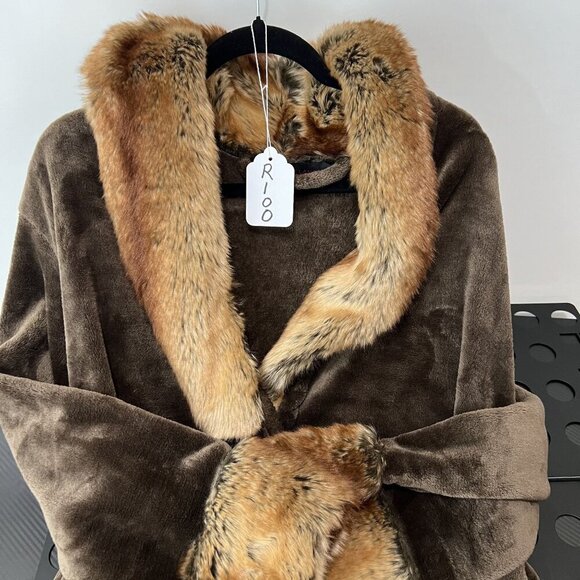 Adrienne Landau Womens L Faux Fox Fur Trim Robe Belted Cozy Plush Quiet Luxury - Picture 12 of 13